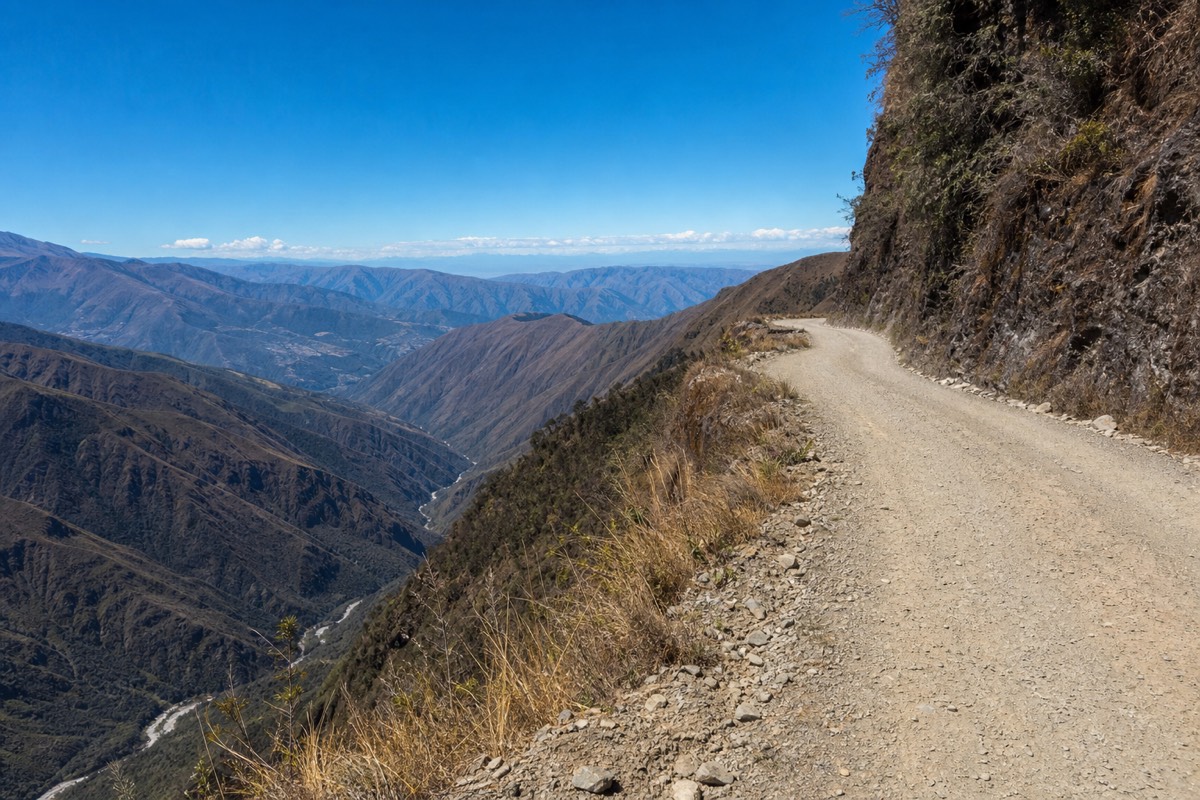 Dry, dusty gravel on Bolivia's Death Road under clear skies, the best time to ride Death Road