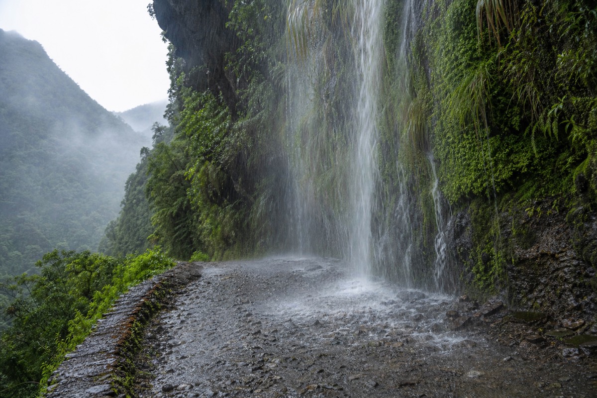 A waterfall spilling across the Death Road on the drop toward the Yungas