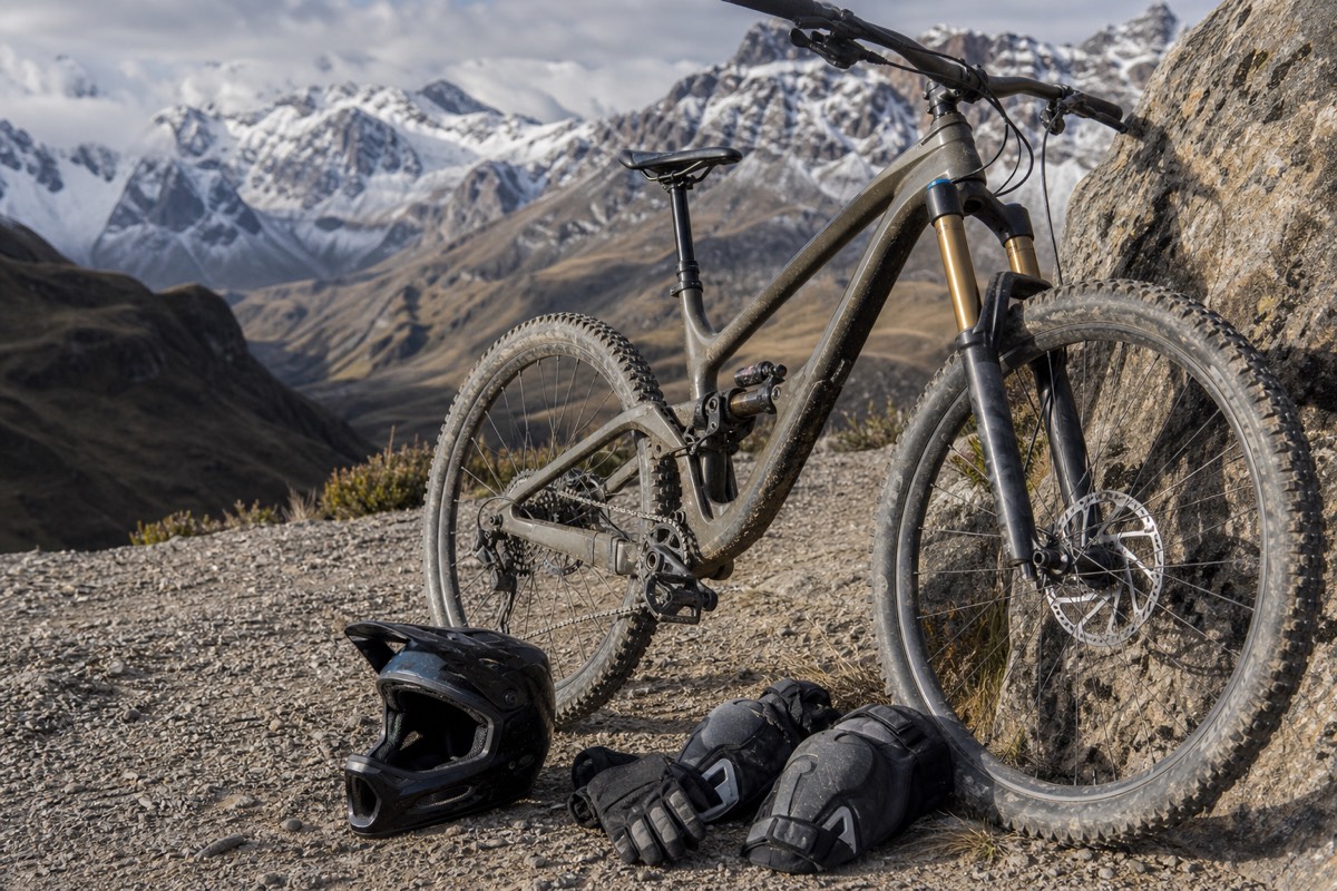 A full-suspension mountain bike and helmet and pads set up for Bolivia Death Road cycling