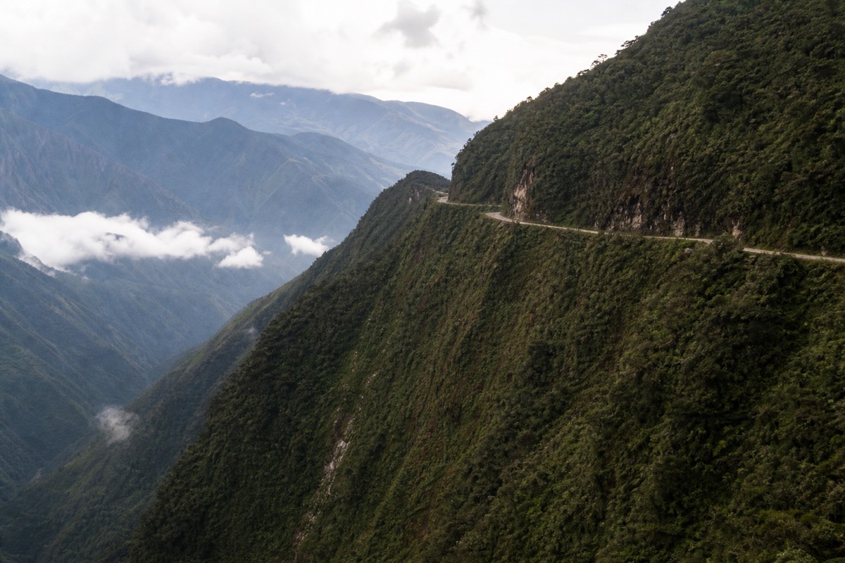Bolivia's Death Road, the North Yungas Road from a high ridge, a consideration for La Paz Bolivia travel safety